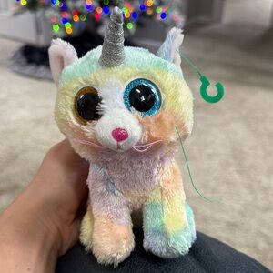 TY beanie boo heather the unicorn silver horn rainbow- big eyes 🌈🖤💙🩷